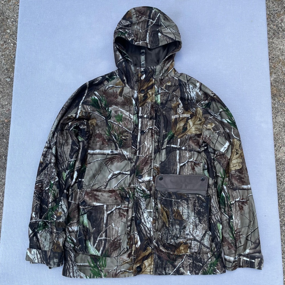 Game Winner Mens XL Camo Waterproof Hunting Jacket Hooded Parka Tree Leaf Print